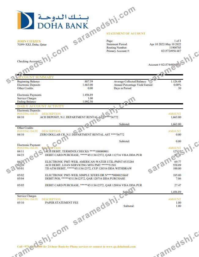 Qatar Doha Bank statement